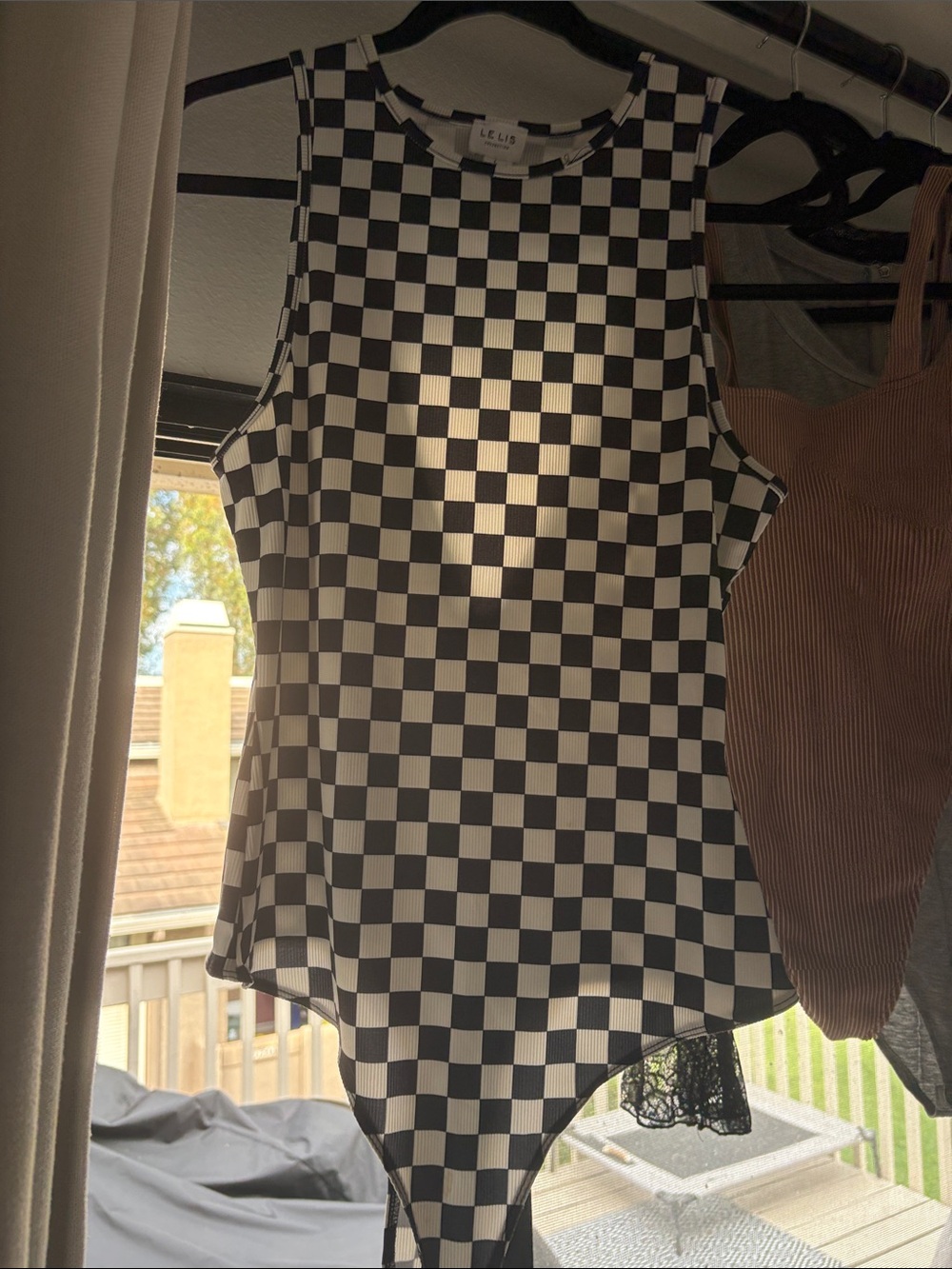 Checkerboard Sleeveless Bodysuit, Open Back